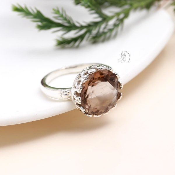 Bague en quartz fumé exquis, bague avec pierres précieuses, anneau marron, bijoux en argent sterling 925, cadeau d'anniversaire, bague pour elle