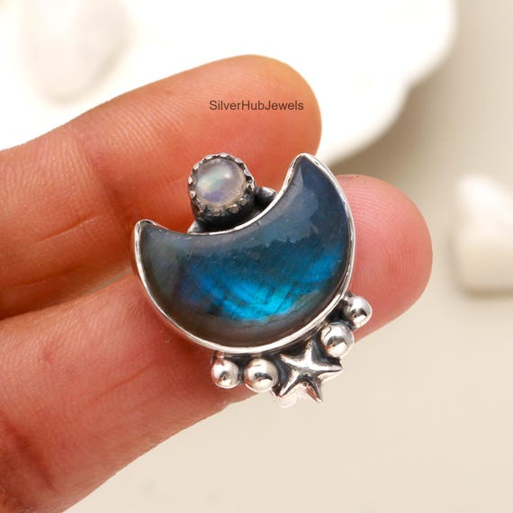 Labradorite Ring 925 Sterling Silver Jewelry | Moon Crescent Adjustable Rings