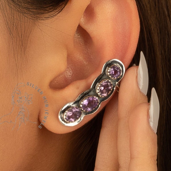 Rare Amethyst Ear Cuff Earrings, Gemstone Earring, Dainty Stud Earrings, 925 Sterling Silver Jewelry, Wedding Gift, Earrings For Mother