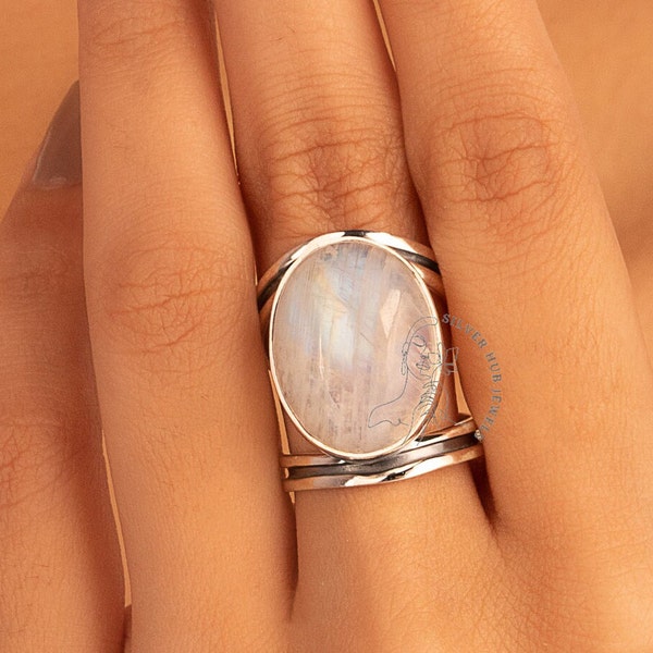 100% Natural Rainbow Moonstone Ring, Gemstone Ring, White Band Ring, 925 Sterling Silver Jewelry, Engagement Gift, Ring For Best Friend