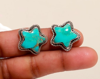 Turquoise Natural Arizona Stud Earrings, 925 Sterling Silver Star Shape December Birthstone