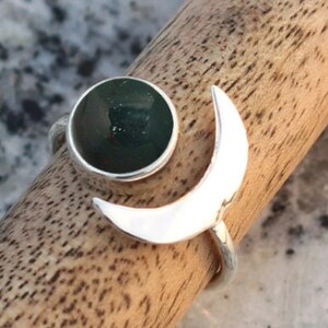 Bloodstone Designer Ring, 925 Sterling Silver, Handmade Jewelry, Adjustable Moon Ring, Gift For Her