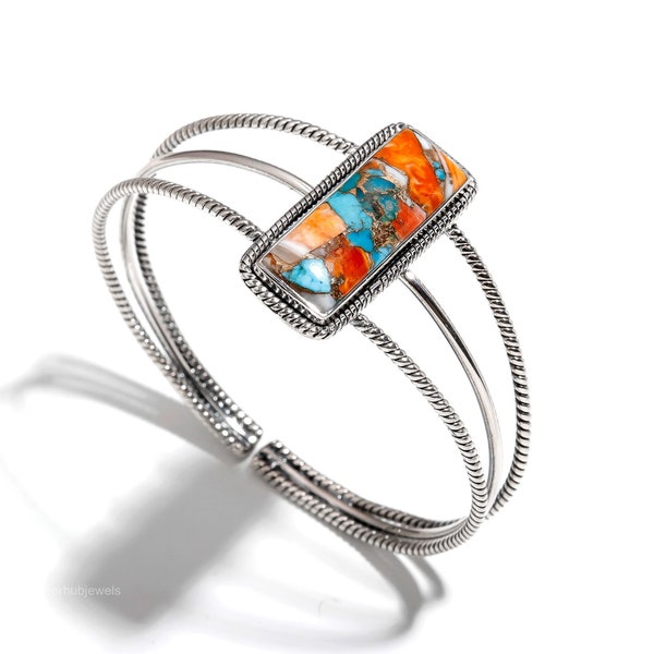 Exquisite Oyster Turquoise Gemstone Bracelet, Orange Cuff Adjustable Bracelet, 925 Sterling Silver Jewelry, Wedding Gift, Bracelet For Her