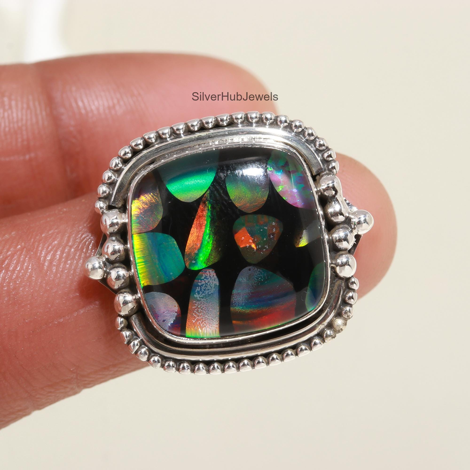 Natural Aurora Opal Ring, multi colour Gemstone Ring, Cluster Ring, 925 Sterling Silver Jewelry, Anniversary Gift, Ring For Her