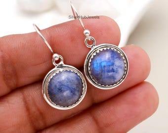 Orecchini Pendenti Fatti A Mano Con Pietra Di Luna Blu Naturale, Cabochon, Lunghi 6 Cm, Regalo Portafortuna - 2