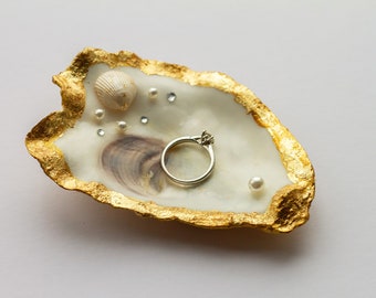 Oyster Shell Trinket Dish | Gold Rimmed Ring or Jewellery Dish | Perfect Engagement Gift or Birthday Gift
