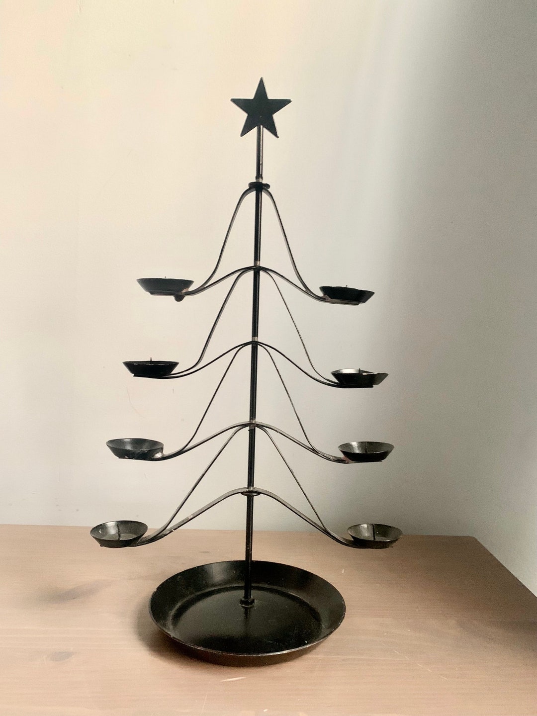 Vintage Metal Christmas Tree Candle Holder / Vtg Black Metal Tree Candle Holder / Articulated