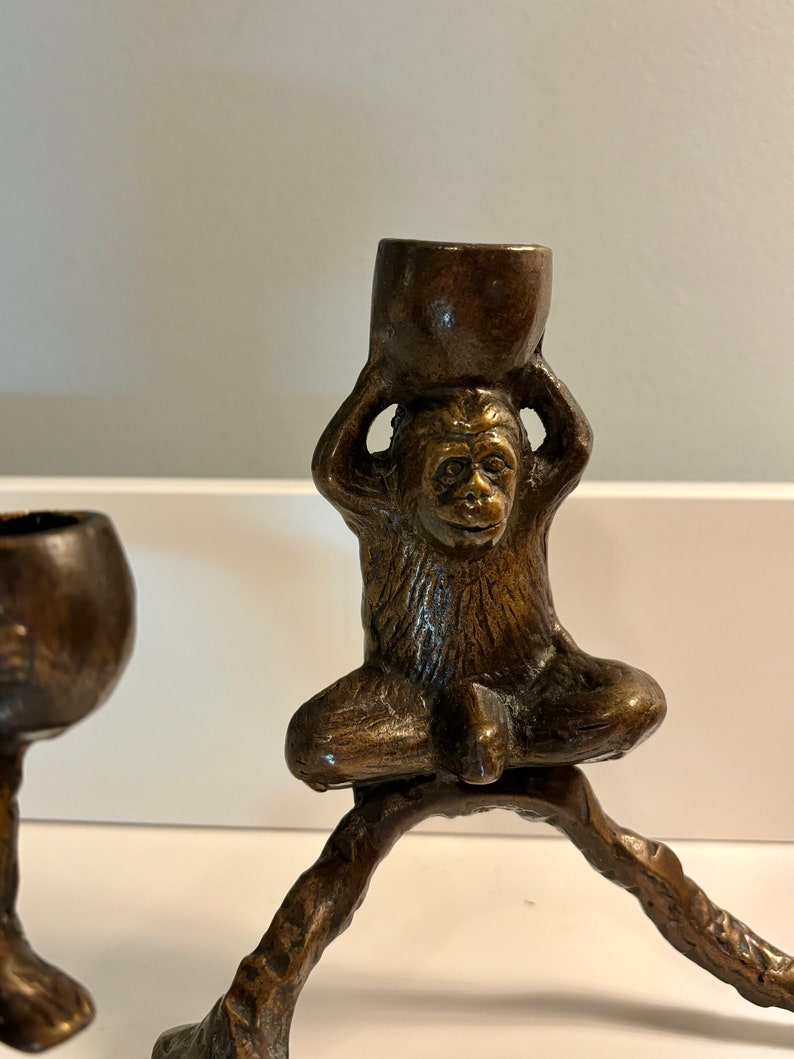 Vintage Bronze Monkey Candelabra / unique bronze monkeys on a branch triple candle holder quirky vintage gift monkey lover gift mom of 3 zdjęcie 8