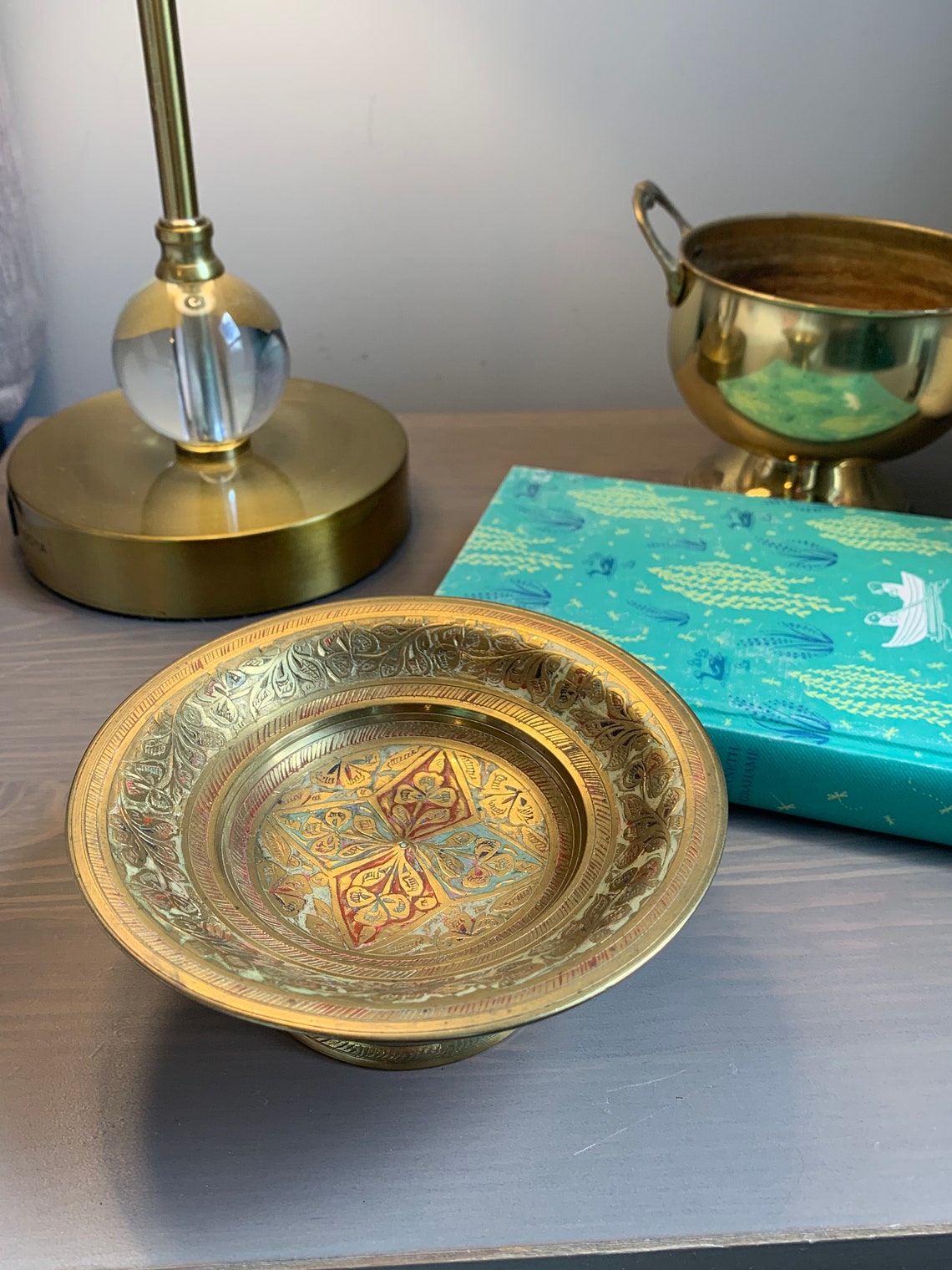 Small Brass Dish with Enamel and Etching/ Indian Brass / Etsy