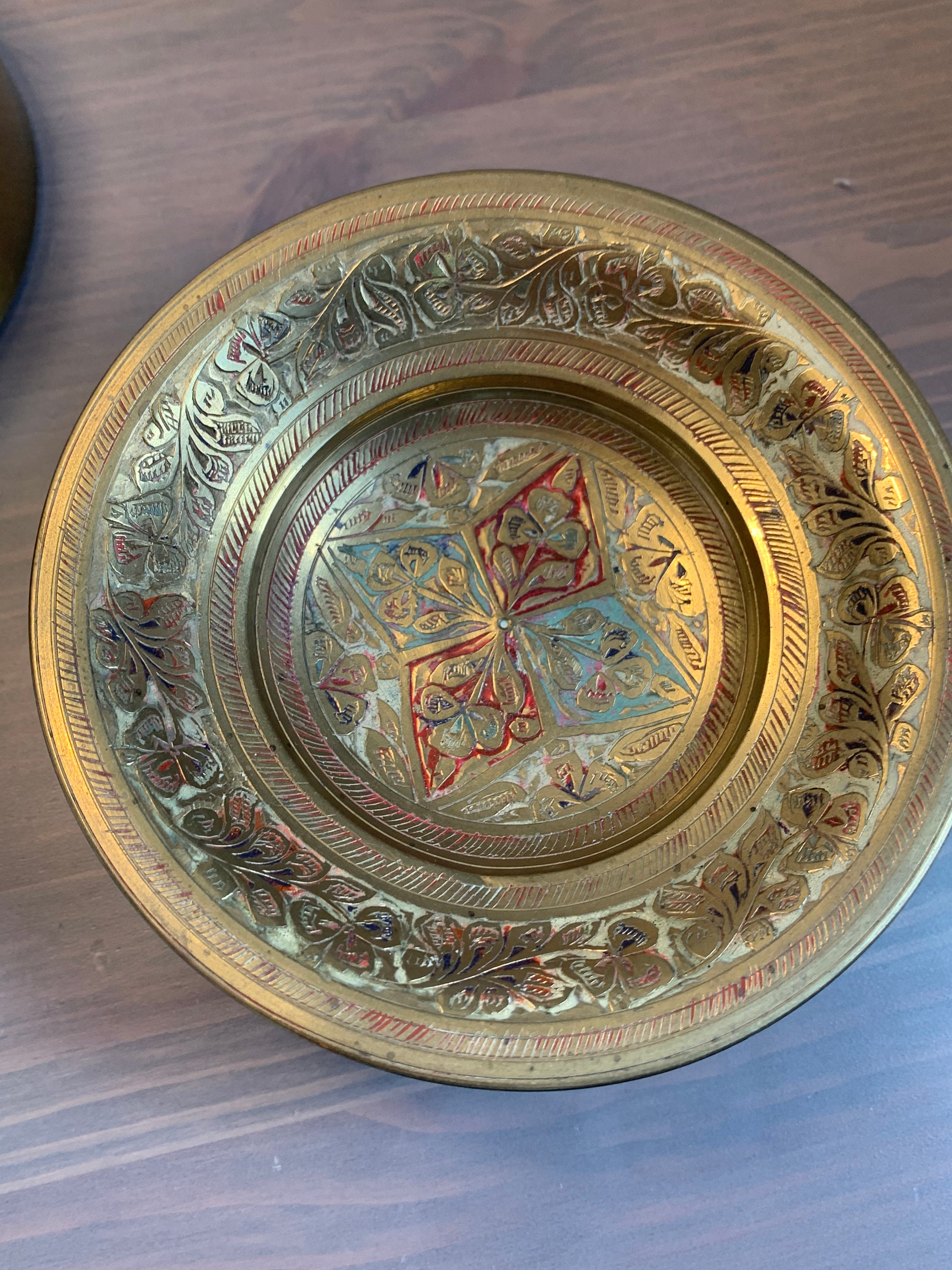 Small Brass Dish with Enamel and Etching/ Indian Brass / Etsy