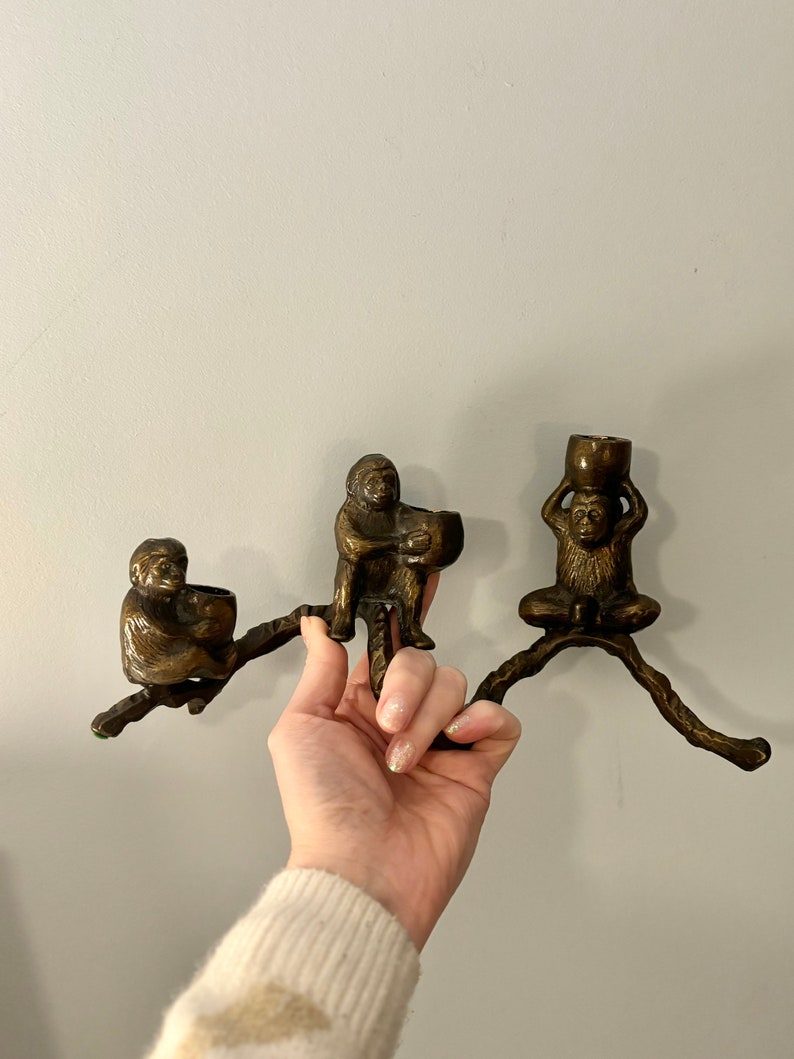 Vintage Bronze Monkey Candelabra / unique bronze monkeys on a branch triple candle holder quirky vintage gift monkey lover gift mom of 3 zdjęcie 9