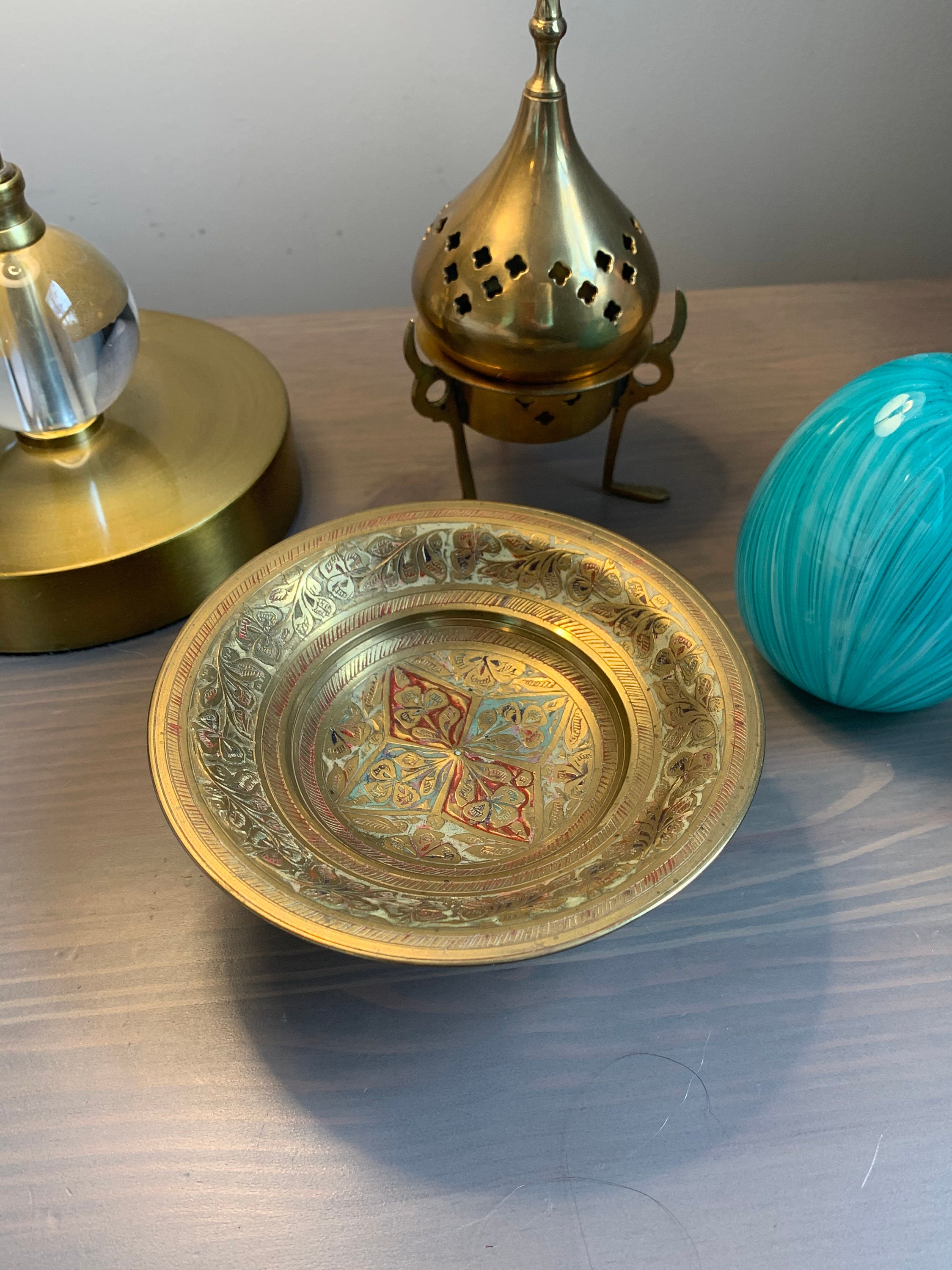 Small Brass Dish with Enamel and Etching/ Indian Brass / Etsy