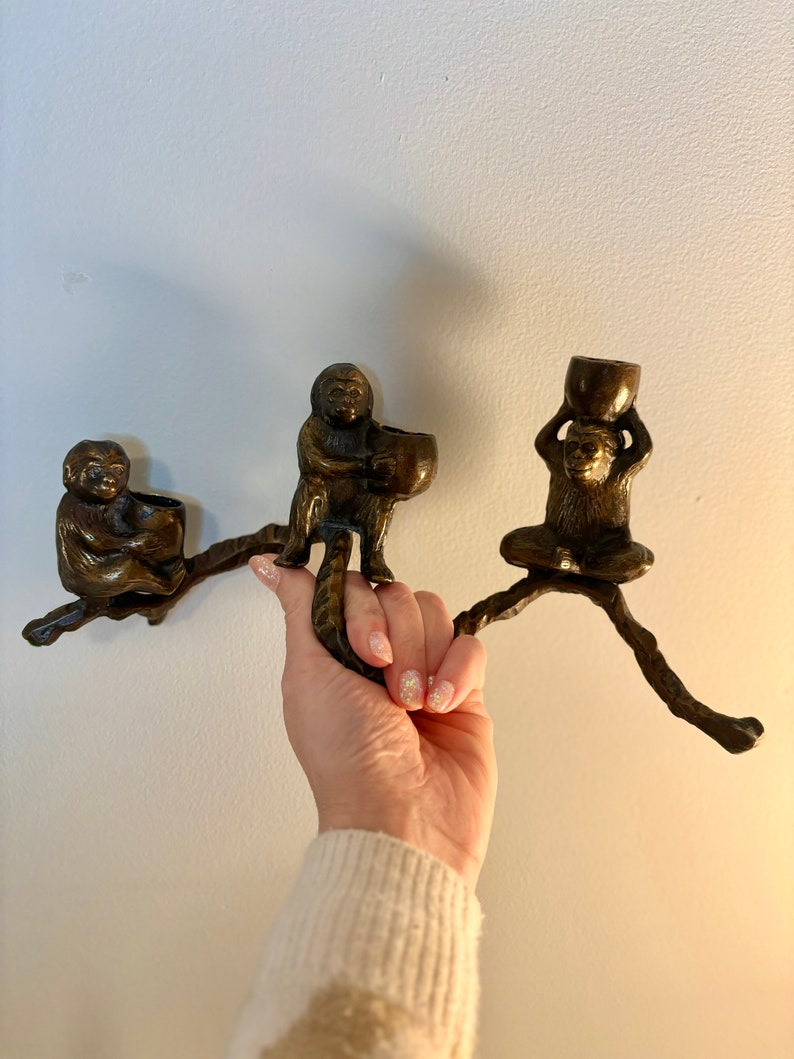 Vintage Bronze Monkey Candelabra / unique bronze monkeys on a branch triple candle holder quirky vintage gift monkey lover gift mom of 3 zdjęcie 4