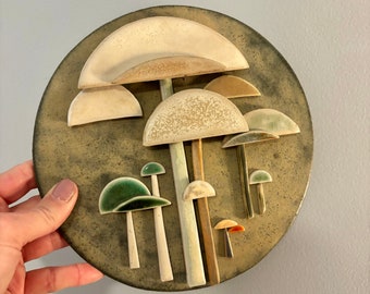 Modern Mushroom Ceramic Art Plaque / Anne Plant vintage handmade pottery mushroom wall art fungi ceramic plaque modernist ceramic wall art