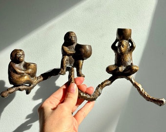 Vintage Bronze Monkey Candelabra / unique bronze monkeys on a branch triple candle holder quirky vintage gift monkey lover gift mom of 3