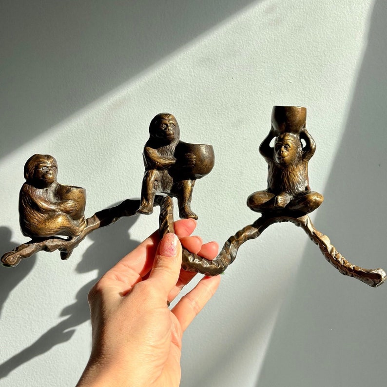 Vintage Bronze Monkey Candelabra / unique bronze monkeys on a branch triple candle holder quirky vintage gift monkey lover gift mom of 3 zdjęcie 1