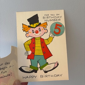 Vintage clown mignon 5e carte d'anniversaire / carte d'anniversaire de cirque vintage pour enfant cinquième anniversaire carte d'anniversaire de clown vintage carte de voeux vintage