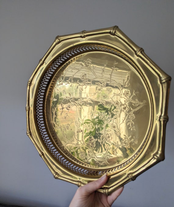 Large Vintage Etched Brass Tray / Handmade Vintage Age Brass