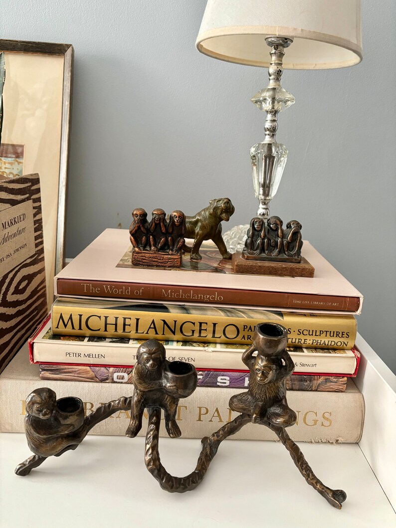 Vintage Bronze Monkey Candelabra / unique bronze monkeys on a branch triple candle holder quirky vintage gift monkey lover gift mom of 3 zdjęcie 3