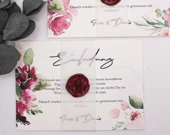 Invitation card "Rosy Valentine" / Wedding / Invitation / Wax seal / Tracing paper / Set