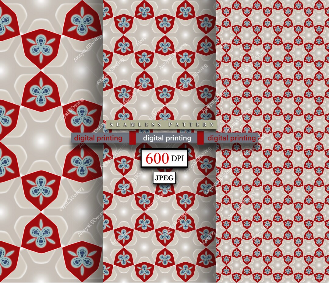 Digital Seamless Red Pattern Red Triangle Pattern Light Blue Flowers ...