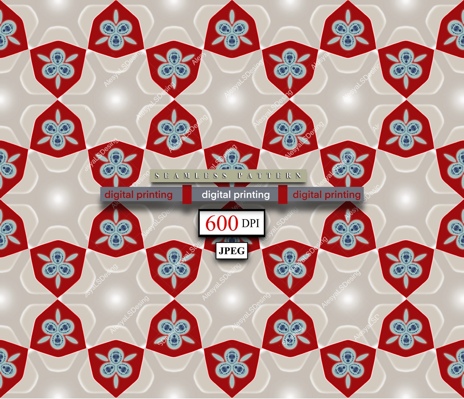 Digital Seamless Red Pattern Red Triangle Pattern Light Blue Flowers ...