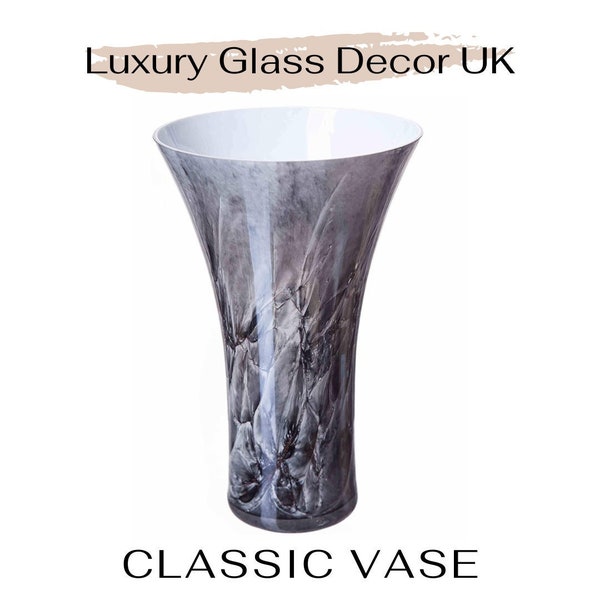 Luxury Mouth Blown Glass Classic Vase Grey Black Marble Effect