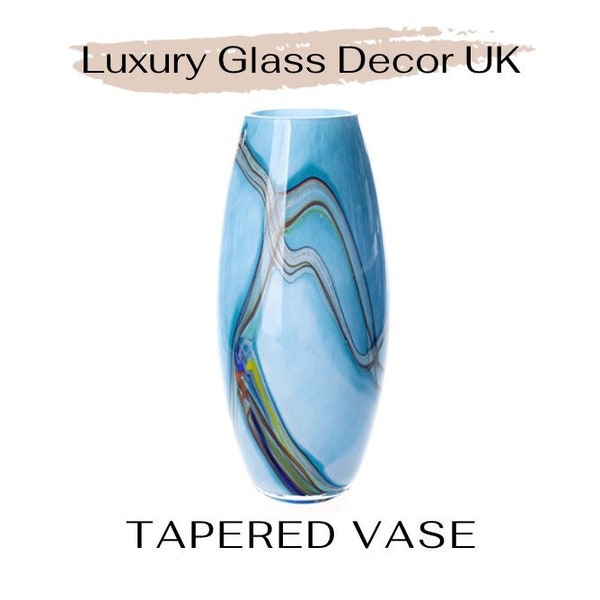 25cm and 32cm Mouth Blown Glass Tapered Vase Turquoise Blue Design