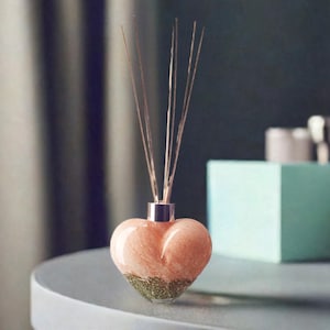Può includere: Un diffusore di aroma a forma di cuore con un tappo argentato e canne marroni. La bottiglia è piena di un liquido rosa e ha una finitura scintillante.