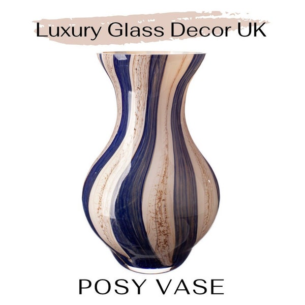 Luxury Mouth Blown Glass Posy Curved Vase Blue Beige Effect