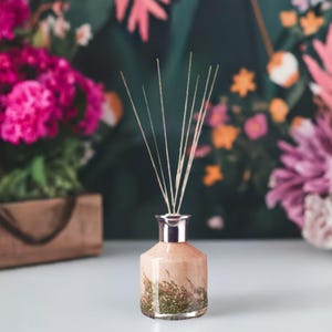 Small Reed Diffuser Mouth Blown Glass Cylinder Pastel Pink, Peach and Green Ombre Design