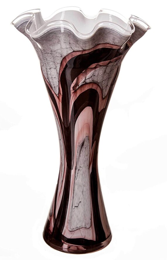 Luxury Mouth Blown Glass Tapered Vase Grey Black Pink Marble Effect