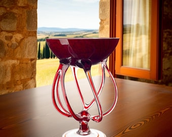 Mouth Blown Glass Bowl Vase: Red Marble Ruby Decor