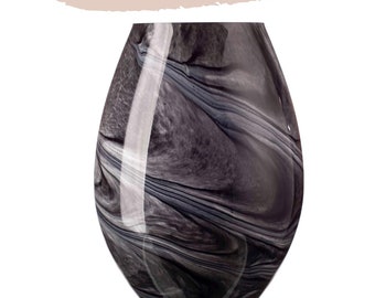 28cm Mouth Blown Glass Tall Round Vase Grey, Black and White Effect