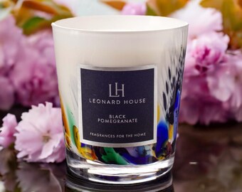 Luxury Soy Black Pomegranate Candle in Grey & Multicoloured Mouth Blown Glass Jar