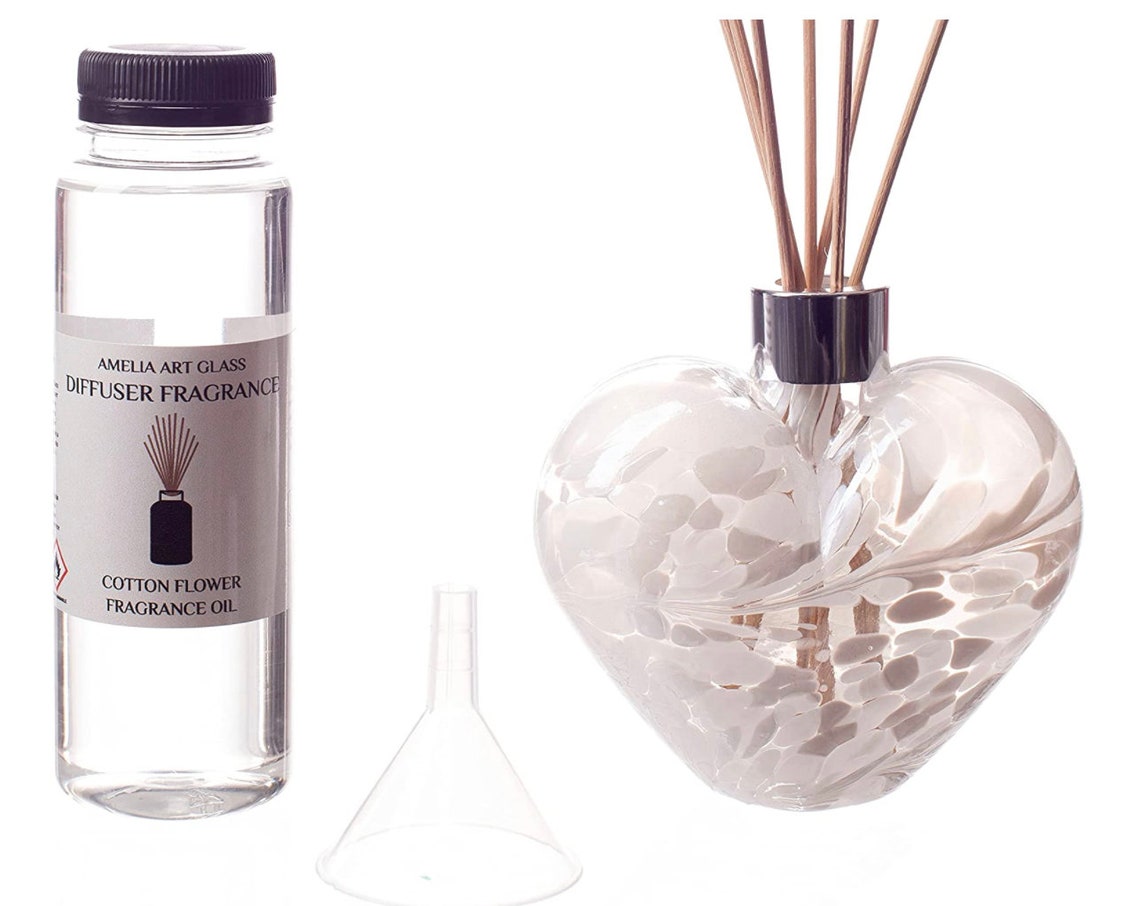 Reed Diffuser Gift Set White Glass Heart Cotton Flower Oil Etsy