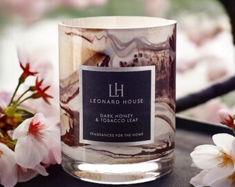 Handmade Soy Candle: Dark Honey & Tobacco Leaf Scent, Mouth Blown Glass