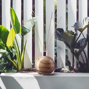 Op de afbeelding: Een ronde diffuserfles van hout met een natuurlijk houtnerfpatroon. De fles heeft een zilveren dop en is omgeven door dunne houten stokjes.