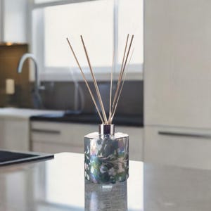 Reed Diffuser Mouth Blown Glass Cylinder Turquoise Blue White Design