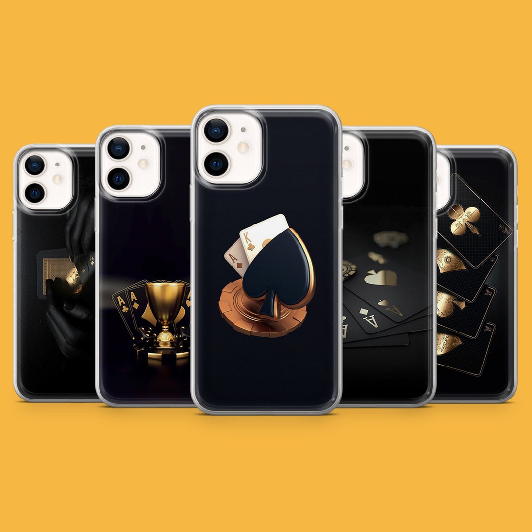 Cards Phone Case Black and Gold Cover for iPhone 14pro, 13, 12, 11, 8, Xr, Galaxy S21fe, S20