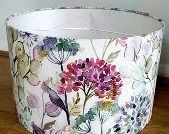 Voyage Hedgerow Country Floral  Drum Lampshade with embossed silver or white  lining. Purples, Pinks and Greens.  Lotus Cream or Classic.