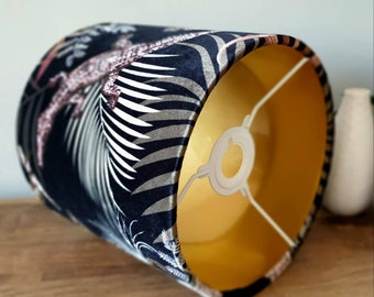 Crocodile themed table lampshade. Black and gold velvet lampshade. Brushed gold lining. Art of the Loom 'Becca Who' fabric. Crocodilia.