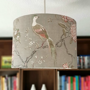 Stunning Birds and flowers linen Lampshade. Vintage look, french grey, olive green and blush pink.  GP & J Baker Fabric .