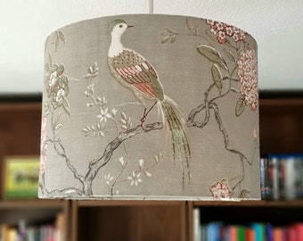 Stunning Birds and flowers linen Lampshade. Vintage look, french grey, olive green and blush pink.  GP & J Baker Fabric .