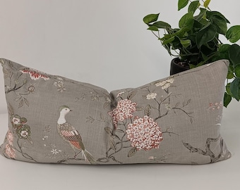 Oriental Bird Lumbar Cushion Cover: GP & J Baker Fabric, French Grey