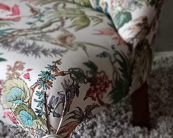 Antique Victorian Style, nursery / bedroom chair. Warner House linen union fabric.  Sage green, French Grey, Pinks. Herons print.