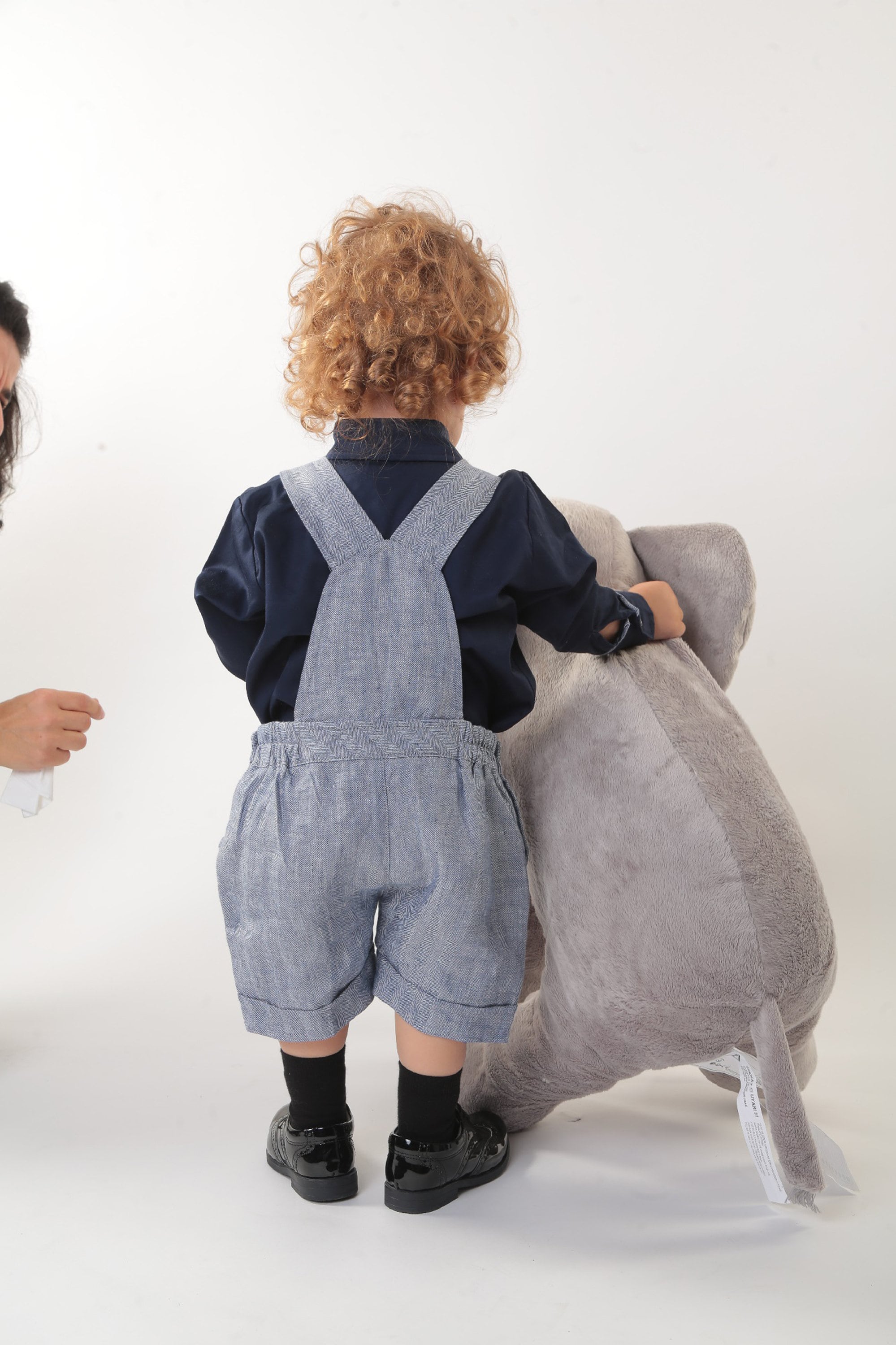 Toddler Vintage Overalls, Organic Gray Linen Fabric, Navy Blue Shirt