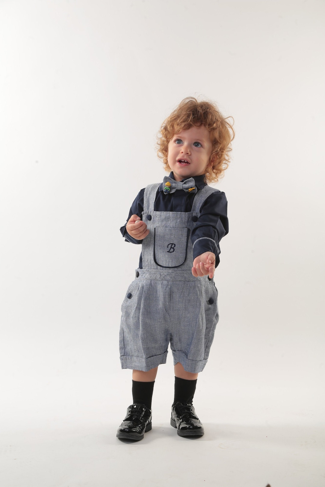 Toddler Vintage Overalls, Organic Gray Linen Fabric, Navy Blue Shirt