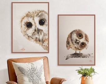 Baby Owl 2 Pieces Wall Art, Owl Illustration Diptych Canvas Wall Art, Wildlife On Canvas Owl Decorations, Neutral Tones Pastel Farm House