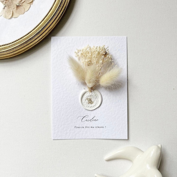 Card “Will you be my witness? » Request for marriage witness, hammered paper, dried flowers and wax seal